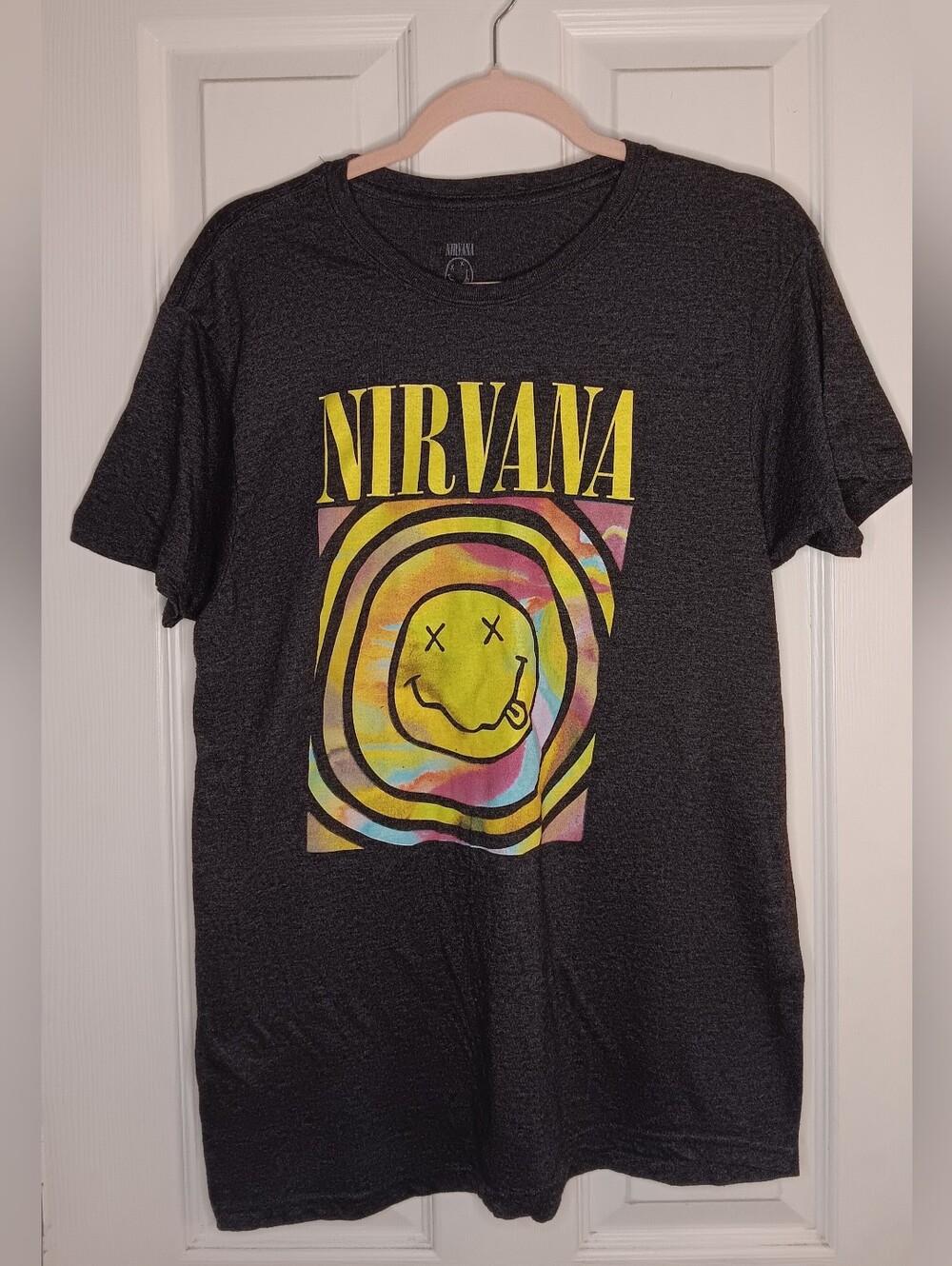 NIRVANA Soft Tee with Yellow & Pink Smiley Graphic